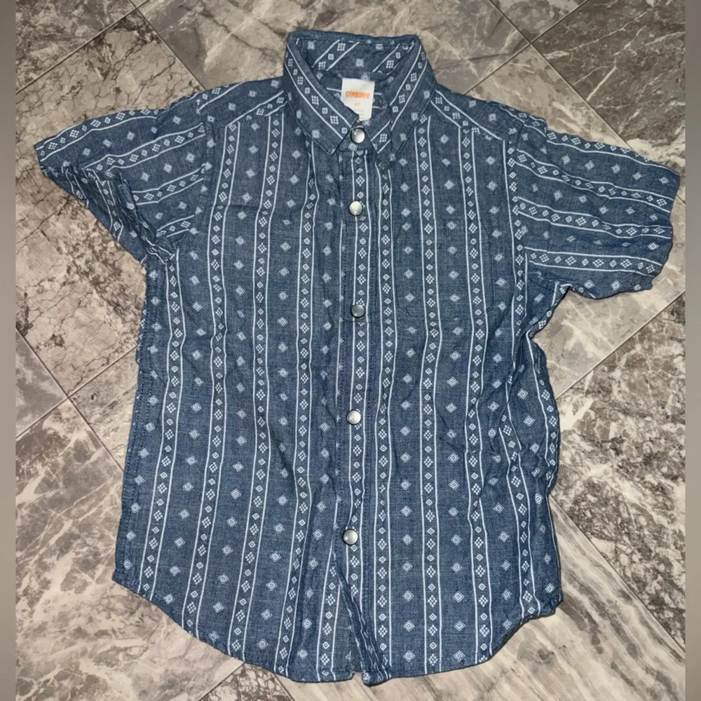 Gymboree Boys Blue Chambray Geometric Button Down Shirt Size 4T
